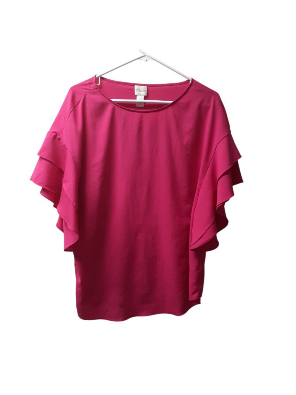 Chico's Womens Blouse Size 2 Fuchsia Round Neck Polyester Ruffled Sleeve